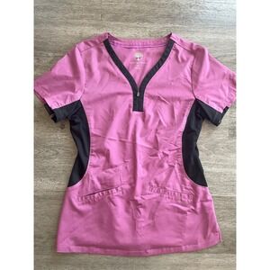 Healing Hands Purple Black V Neck Scrub Top Short Sleeve Zipper Pockets Size M